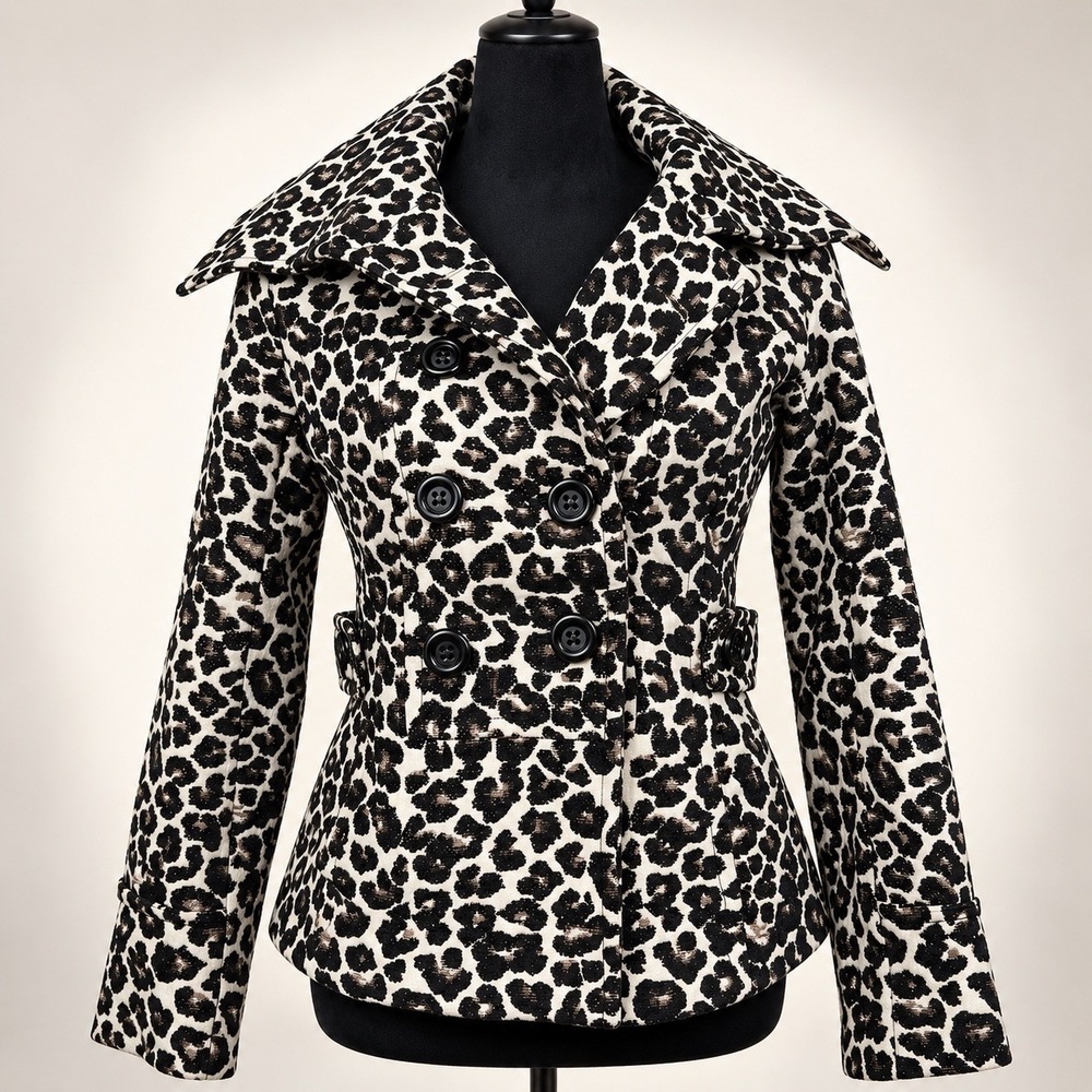 Y2K Leopard Print Peacoat Women Sz S Double Breasted McBling Statement Coat